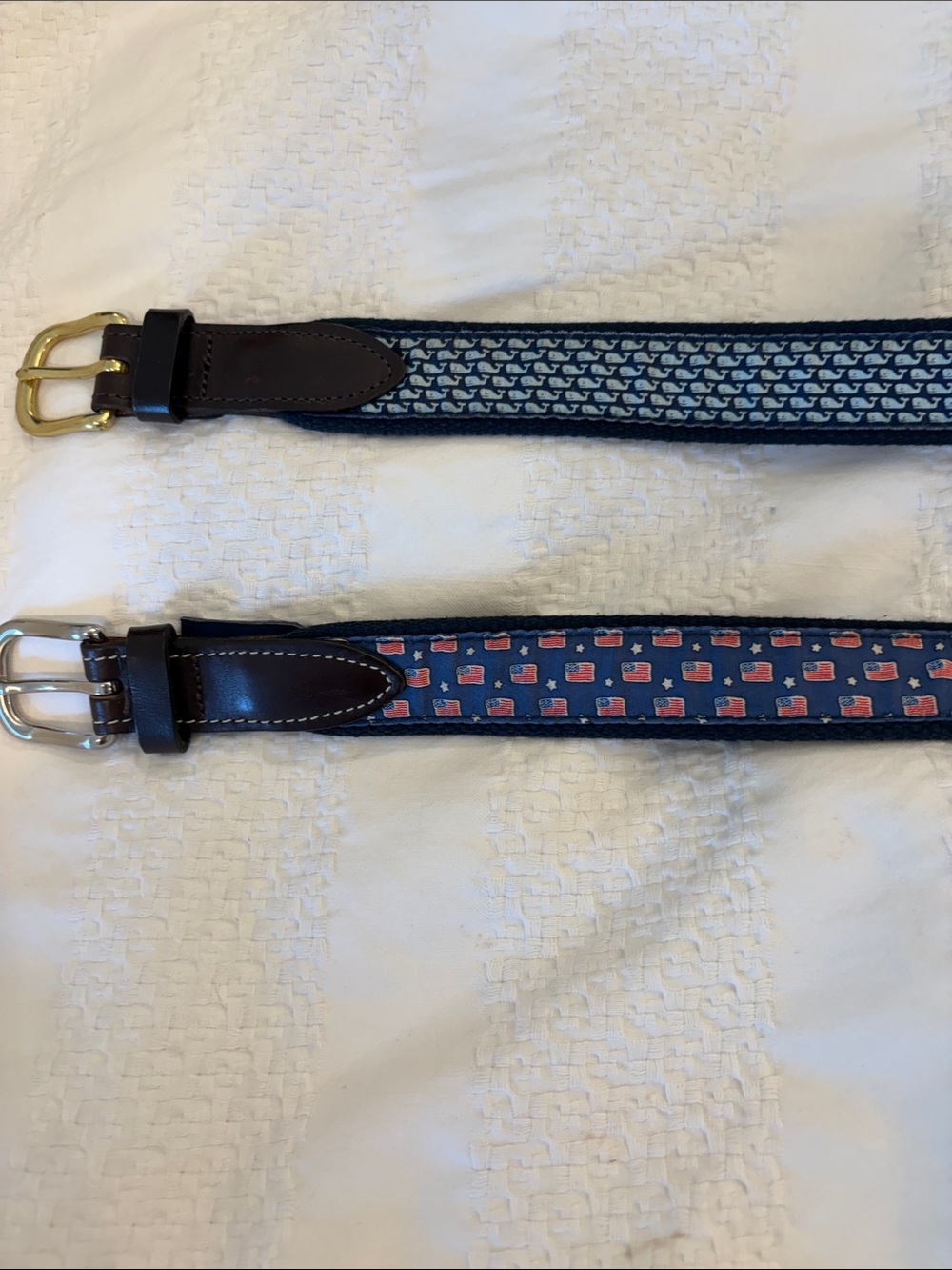 Two Boys Vineyard Vine Navy Patterned Leather-Trim Belt both size 28